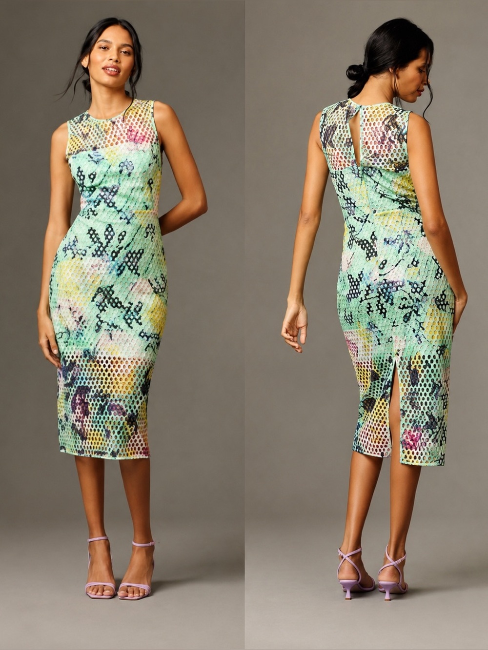 ML Monique Lhuillier Nora Sleeveless High-Neck Floral Lace Midi‎ Dress Size 4